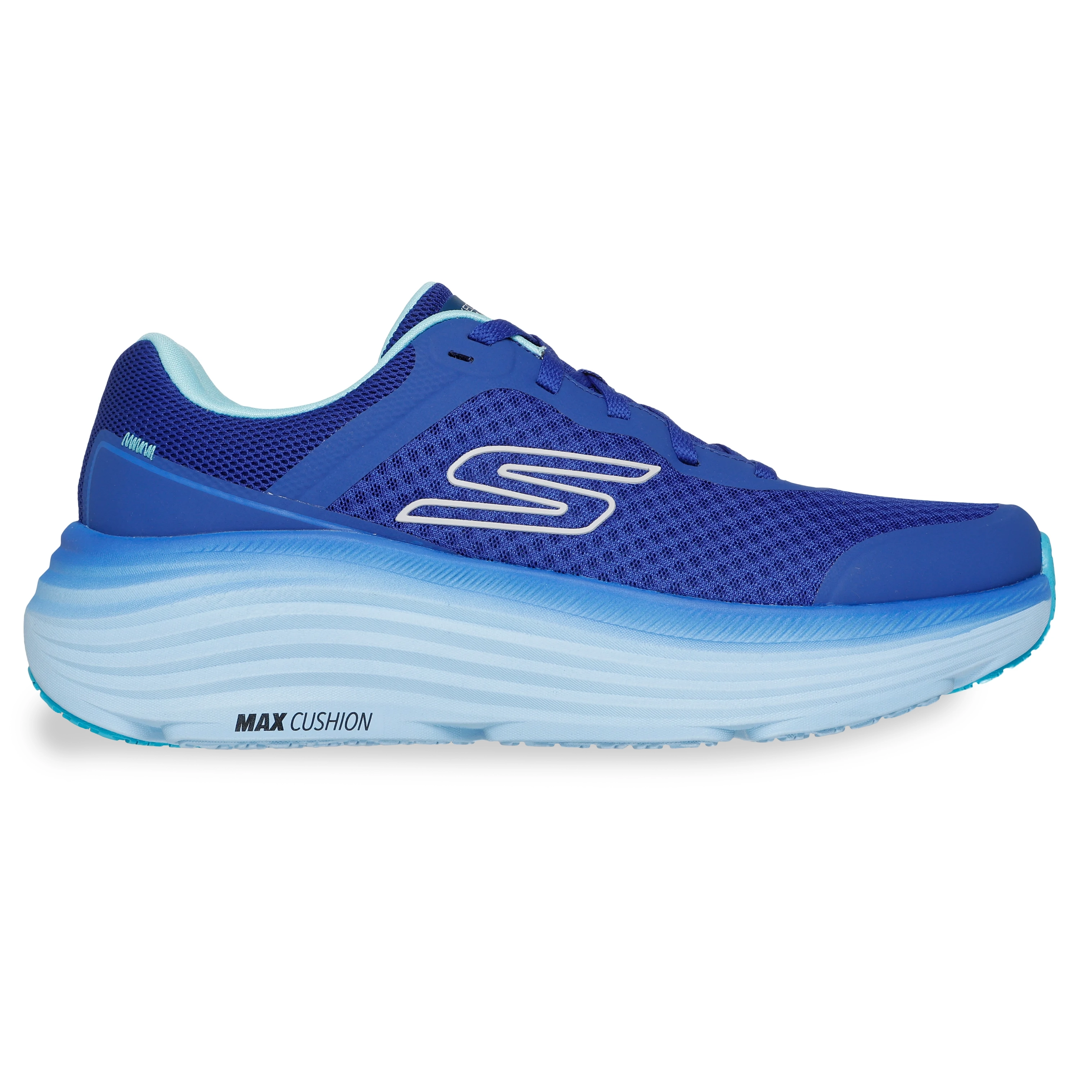 Tênis masculino Skechers Max Cushioning azul, vista lateral esquerda com cabedal em mesh sintético e solado branco em EVA
